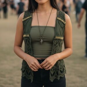 U-style Olive Green Macrame Crochet Gold Tone Beaded Festival Ready Cropped Vest